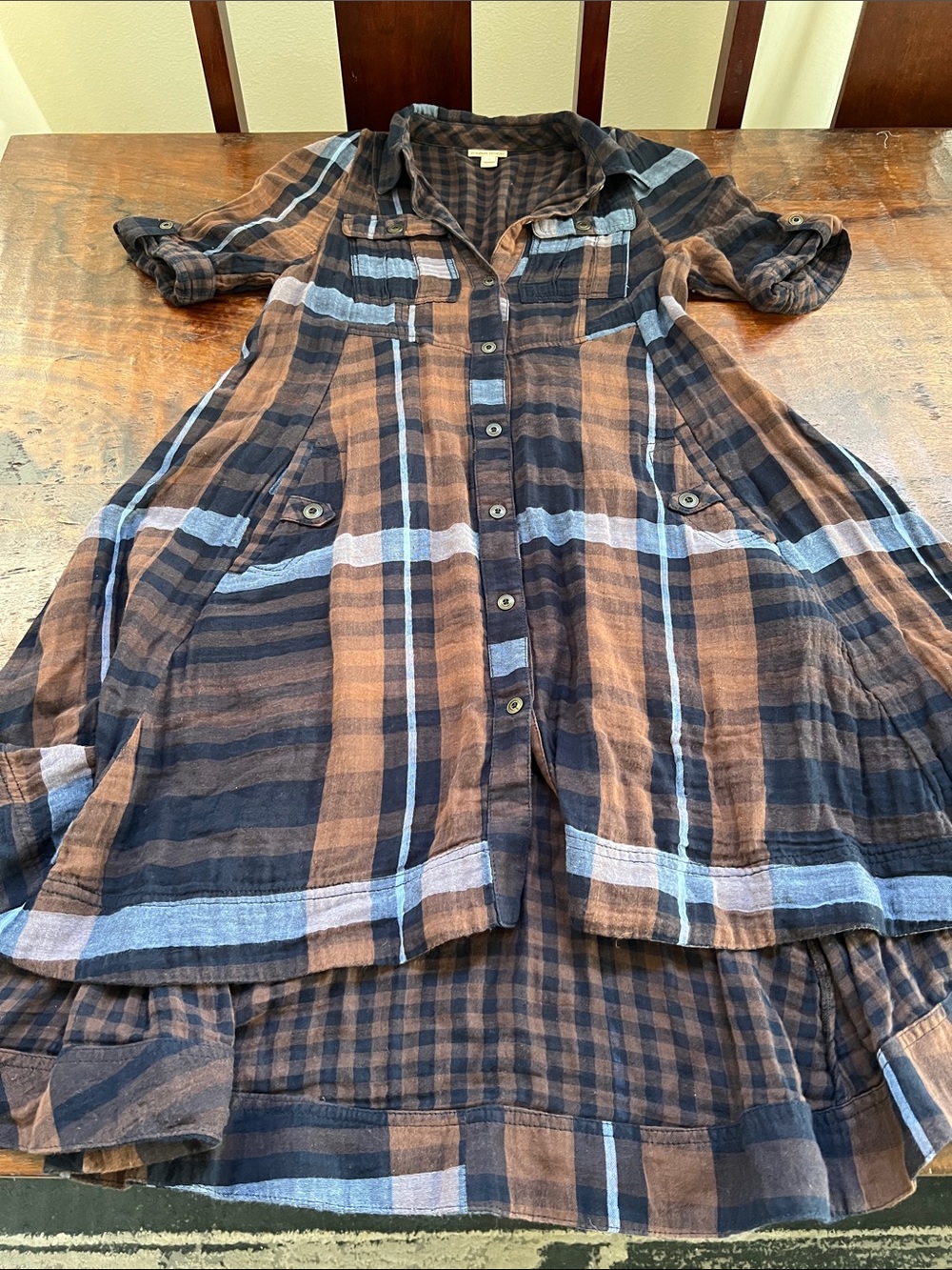 HOLDING HORSES Mixed Plaid Shirt Dress High-Low Handkerchief Hem Blue/Brown SZ 2 - Picture 6 of 15